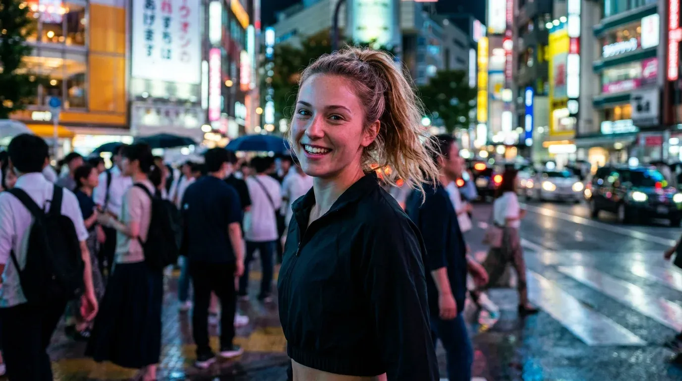 Hailey in neon Tokyo, generated image