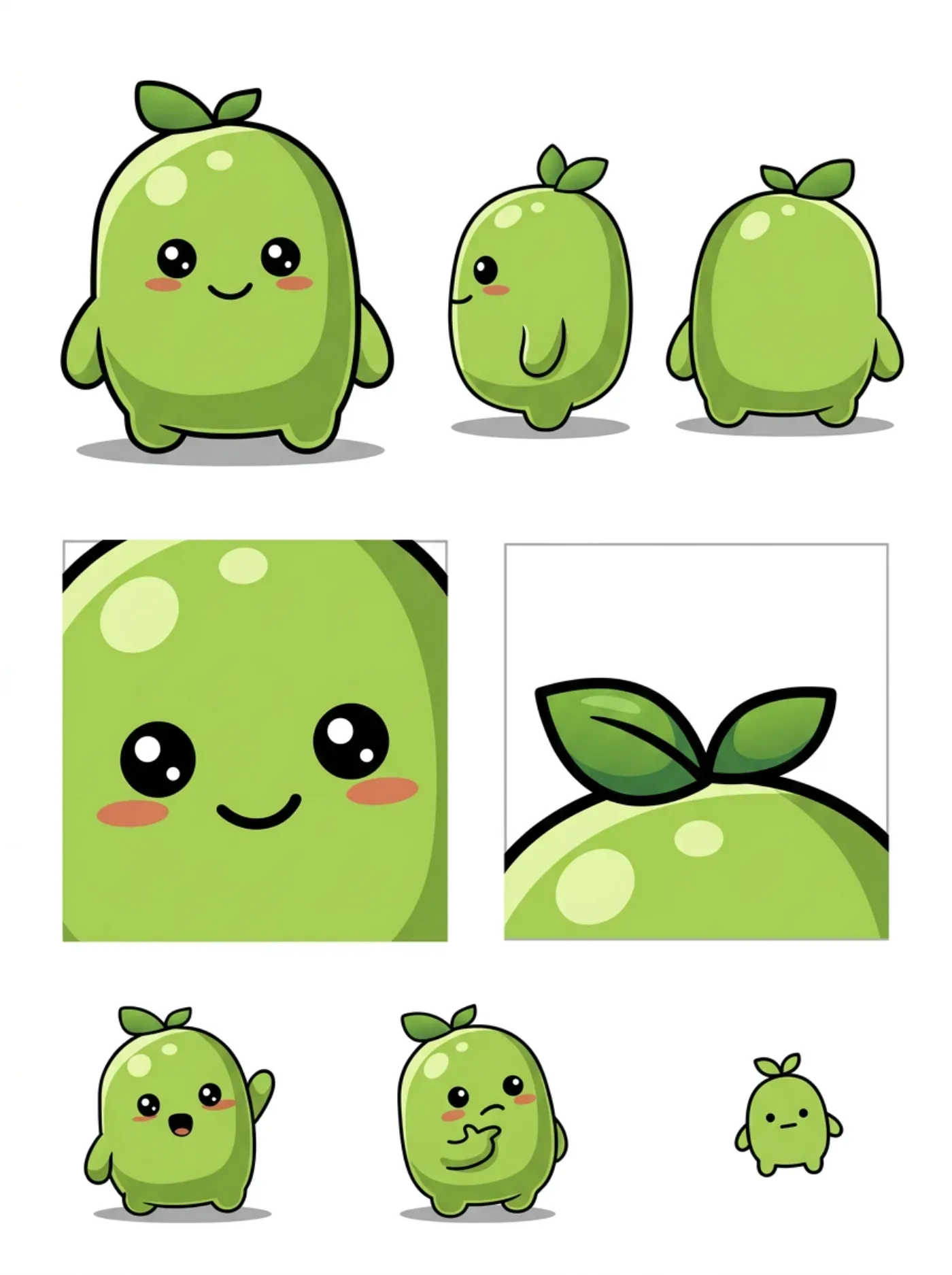 Reference image of a cute green bean character with multiple poses and expressions