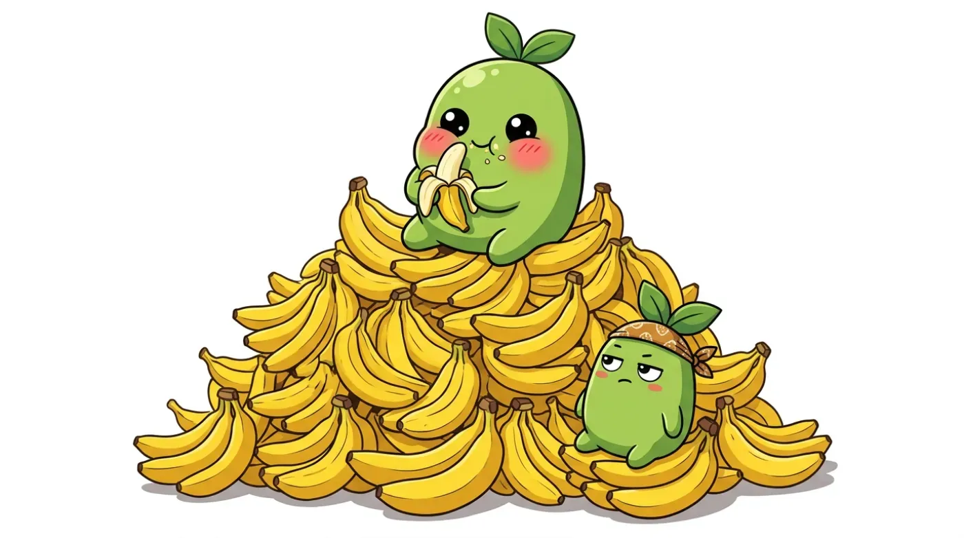 Generated result showing the green bean character eating a banana on a pile of bananas with a second character