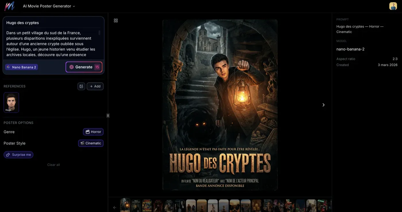 A generated movie poster viewed in the Melies app with prompt details and metadata