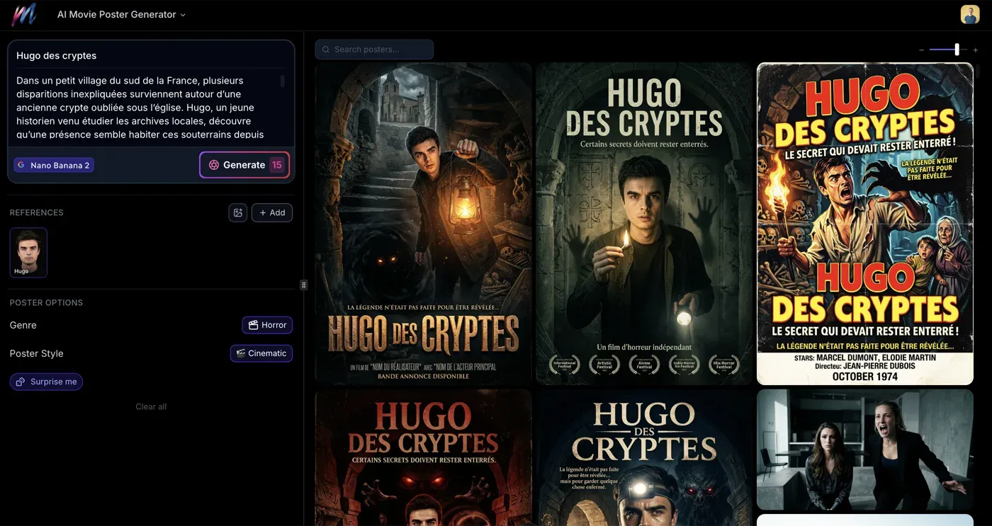 The Melies Movie Poster Generator with multiple generated posters in different styles