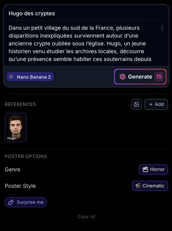 Writing a prompt and adding an AI actor as reference in the Movie Poster Generator