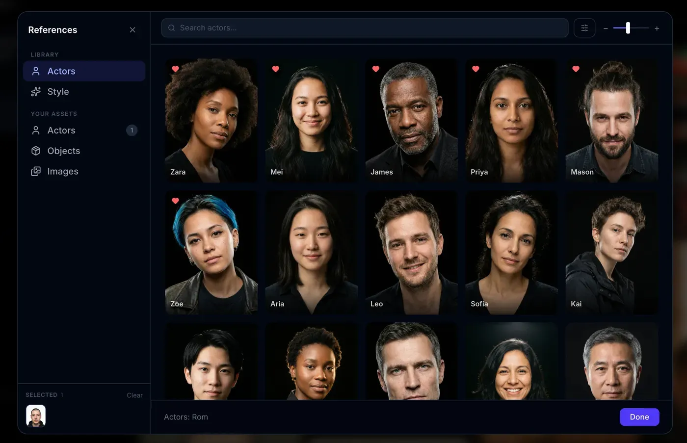 The AI character library in Melies showing diverse actors with search and filtering options