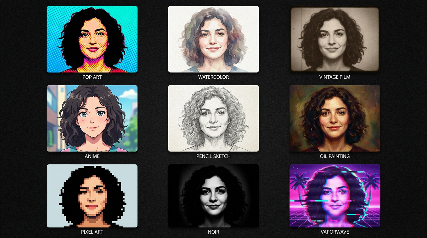 Same character rendered in 9 different art styles — Pop Art, Watercolor, Anime, Pixel Art, and more — all from the same AI actor