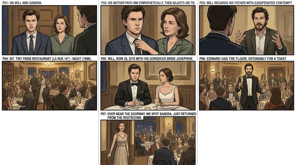 Seven illustrated storyboard panels following dialogue and entrances during a formal family dinner