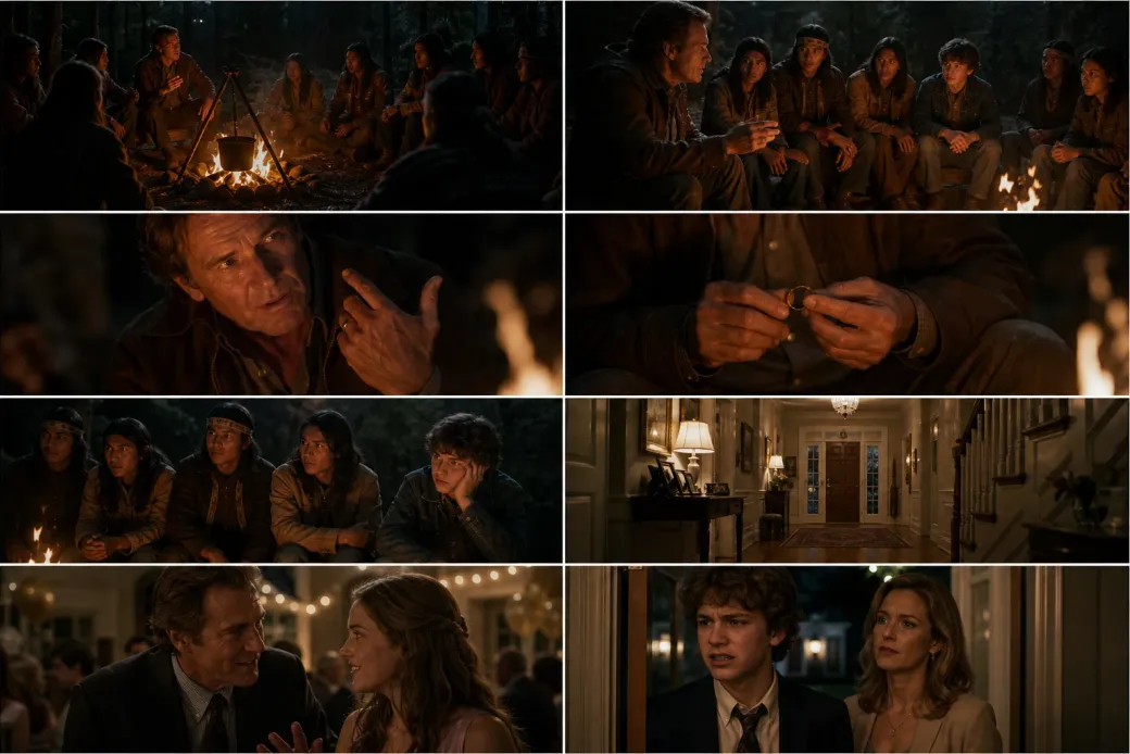 Eight photorealistic cinematic storyboard frames showing campfire dialogue and a family home sequence