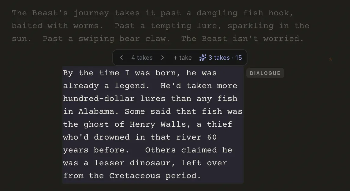 A dialogue line in the Melies editor with its alternative takes bar: browse saved takes, keep one, or ask AI for three new takes with the credit cost visible