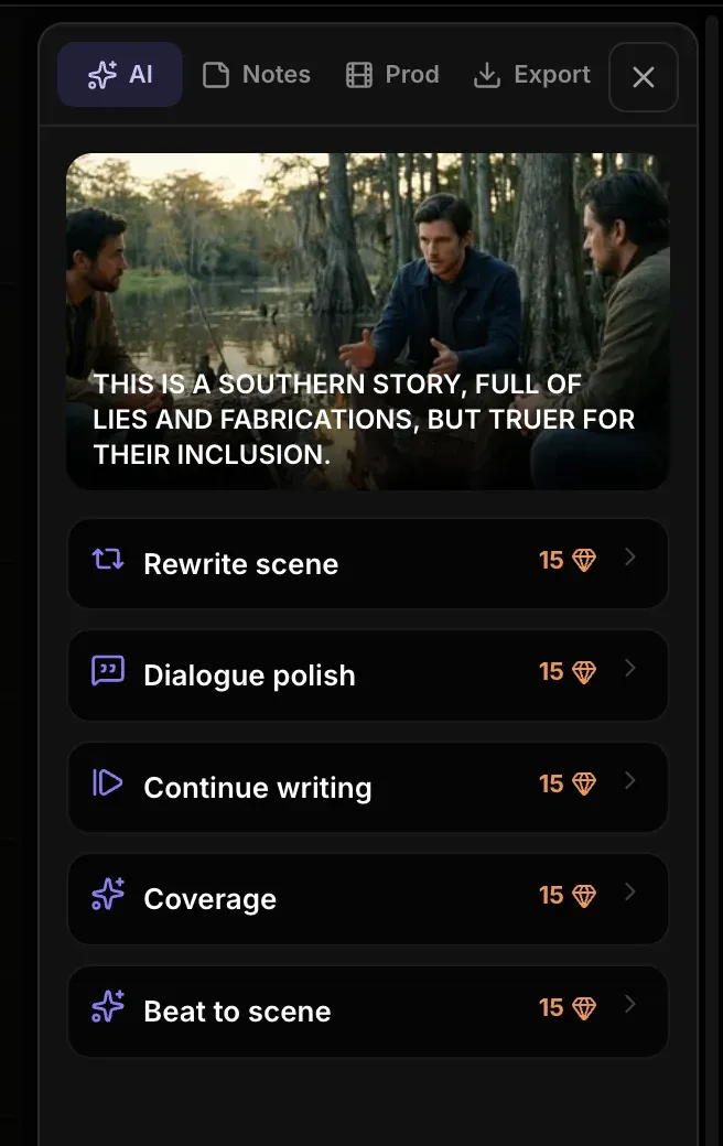 The Melies assistant panel showing the focused scene preview above rewrite, dialogue polish, continue writing, coverage, and beat-to-scene actions with credit costs