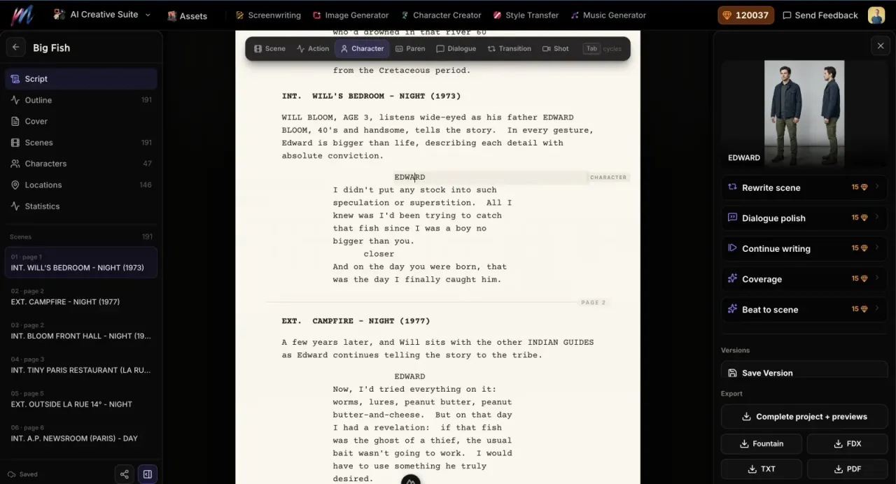 The Melies screenplay page with a generated character reference visible beside the active character cue