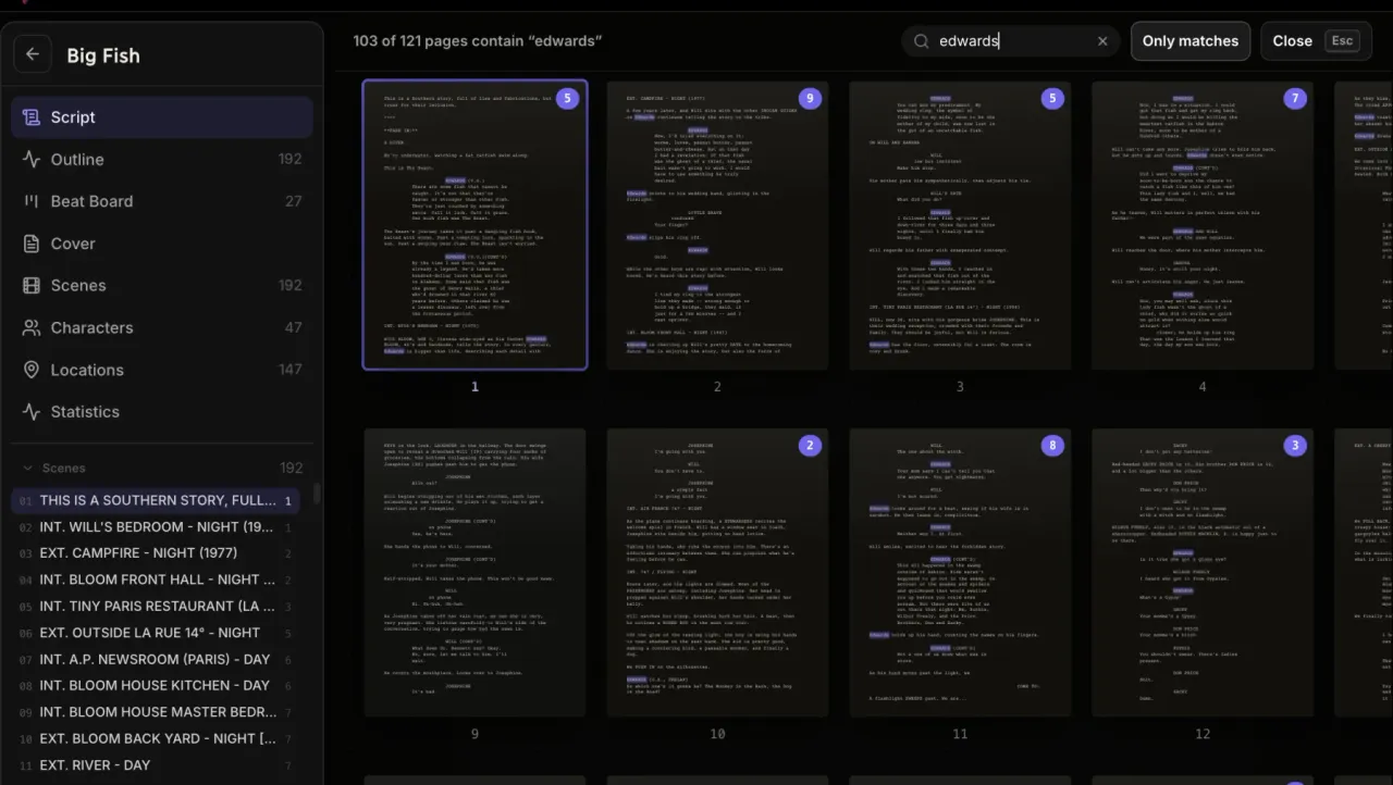 Overview mode in Melies showing every screenplay page as printed thumbnails, with search matches highlighted per page