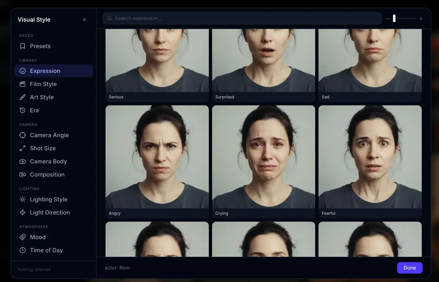Expression control — serious, surprised, angry, crying and more