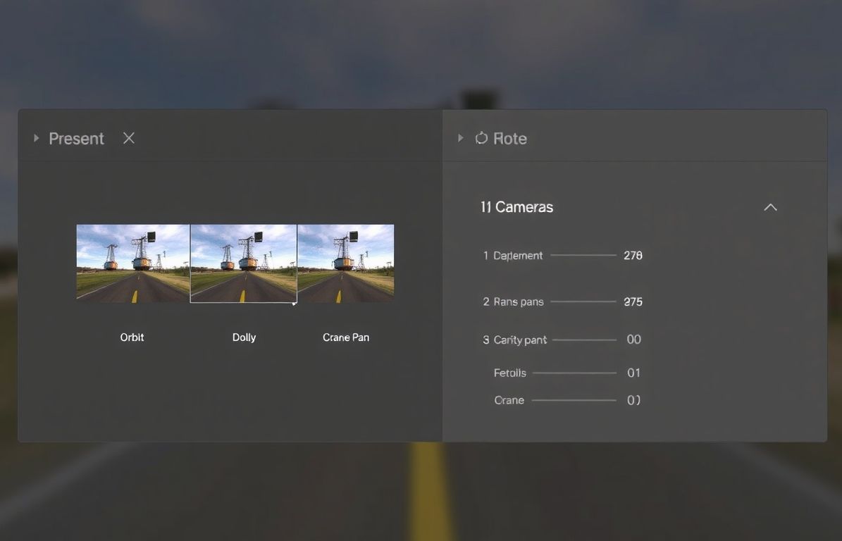 Camera movement preset modal with orbit, dolly, crane, and camera control settings