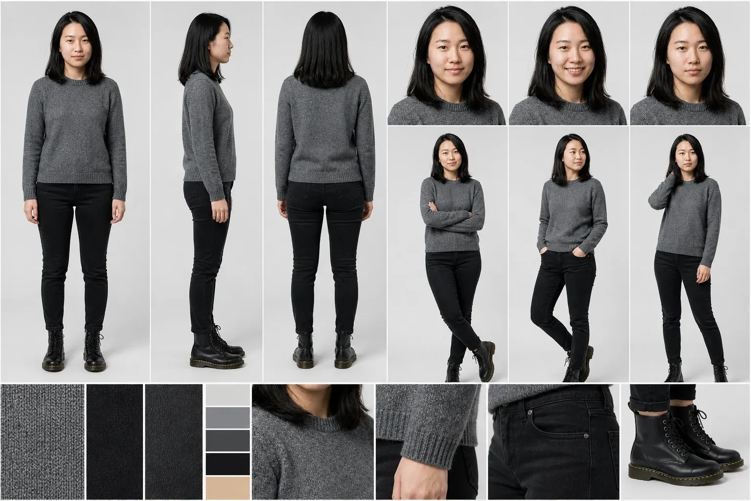 Complete character sheet for Aria with multiple views, expressions, poses, materials, palette, and costume details