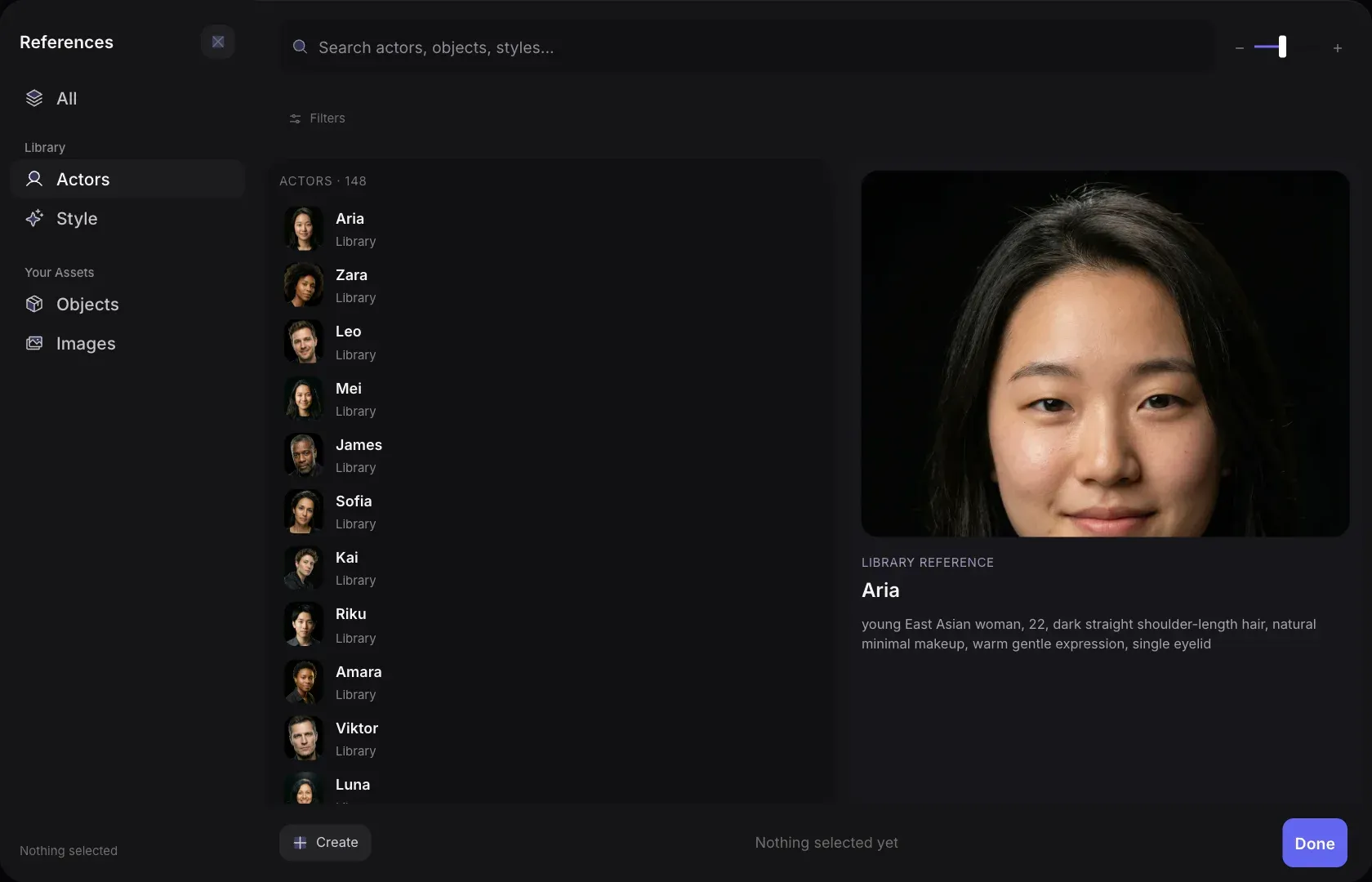 Melies reference library with actor thumbnails and a selected preview