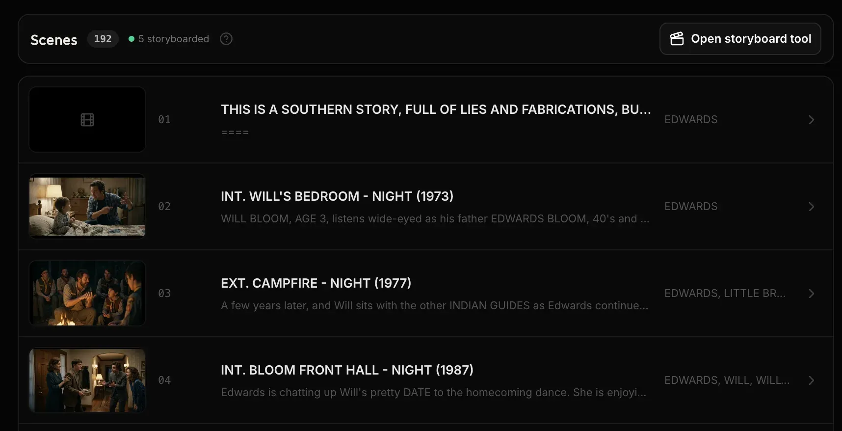 Melies scene list where each screenplay scene carries its generated storyboard frame: a bedroom, a campfire, and a front hall