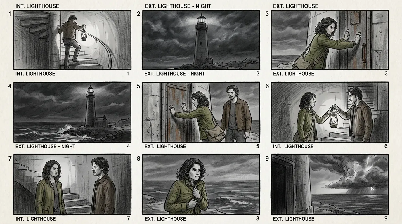 Nine illustrated storyboard panels following two characters through a stormy lighthouse sequence