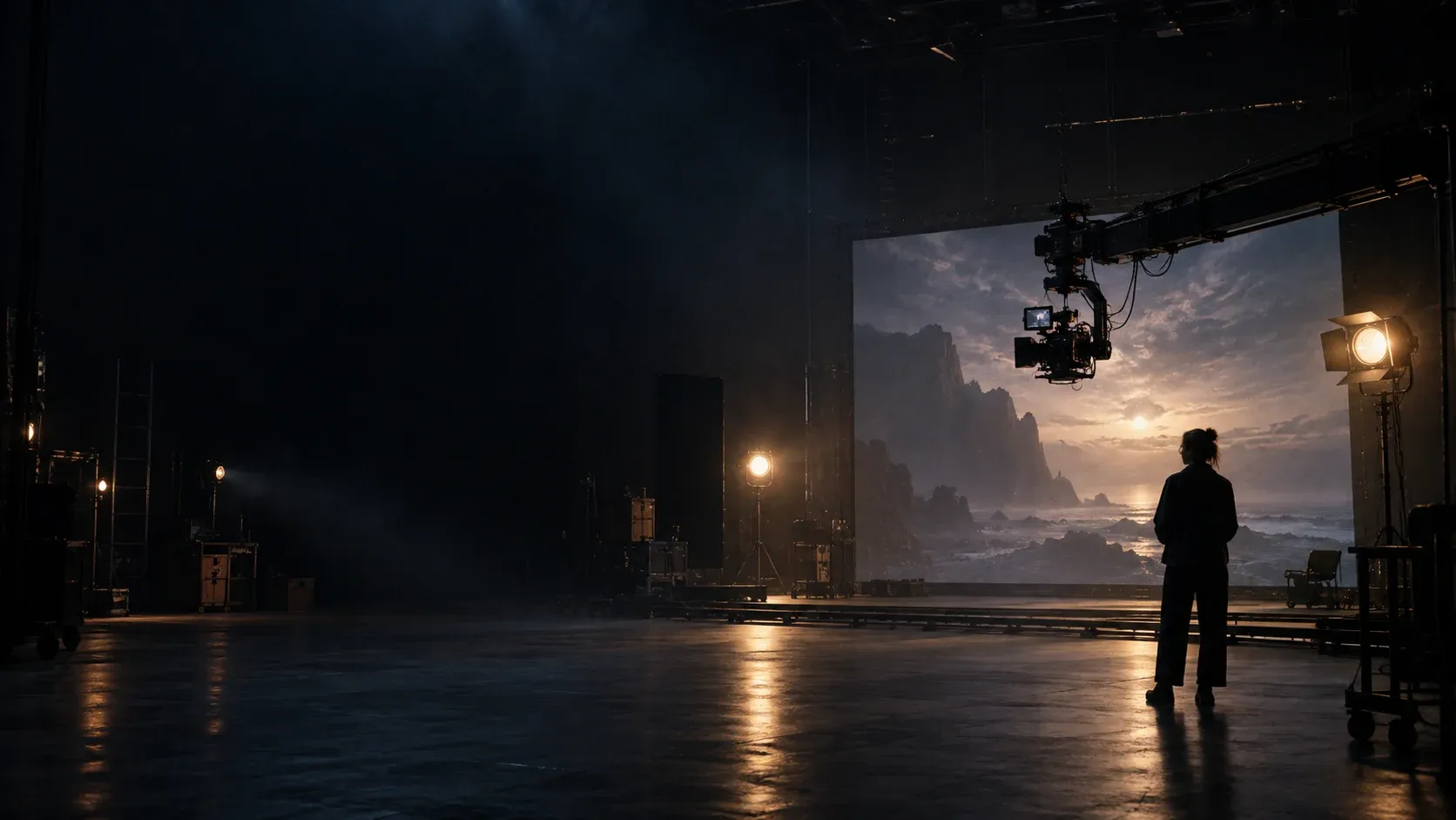 Cinematic film studio with a director, camera rig, and glowing projection screen