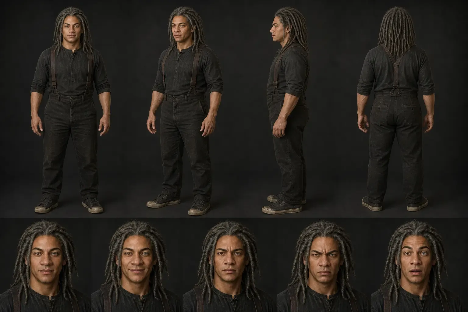 Elias production character sheet with four body angles and five matching expressions