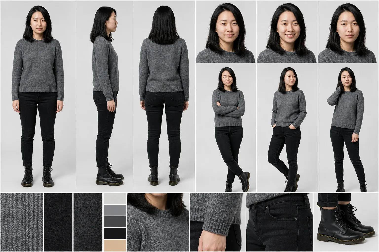 Complete character sheet generated from Aria with turnarounds, expressions, poses, materials, palette, and costume details