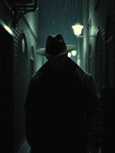 Same detective character in dark alley maintaining face consistency