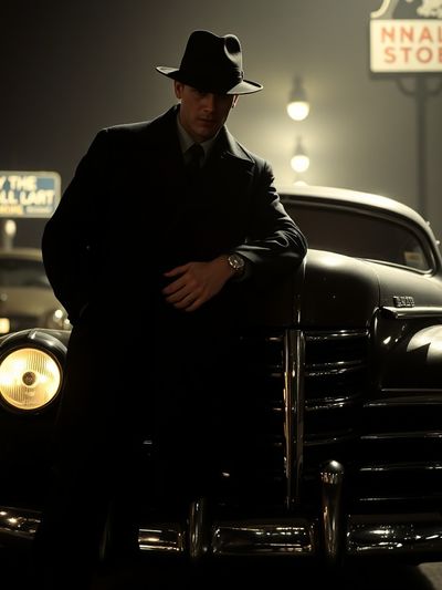 Consistent detective character sitting in vintage car