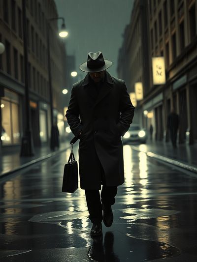 Same detective face in rainy street scene