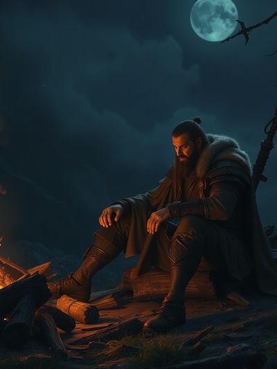 Same warrior face by campfire at night
