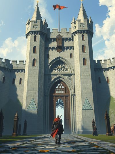 Same warrior character at castle gates maintaining consistency