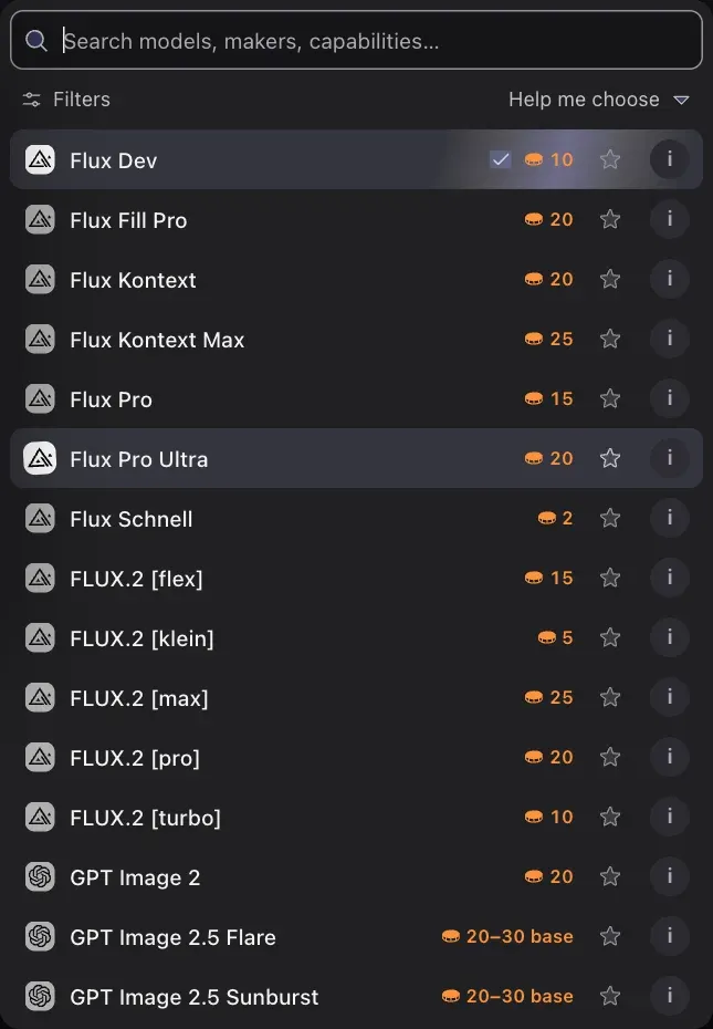 Melies model picker with search, filters, capabilities, and credit cost