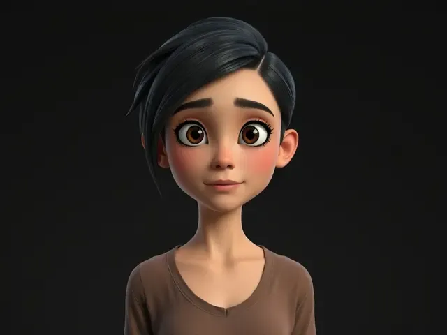 Stylized 3D character with side-swept black hair