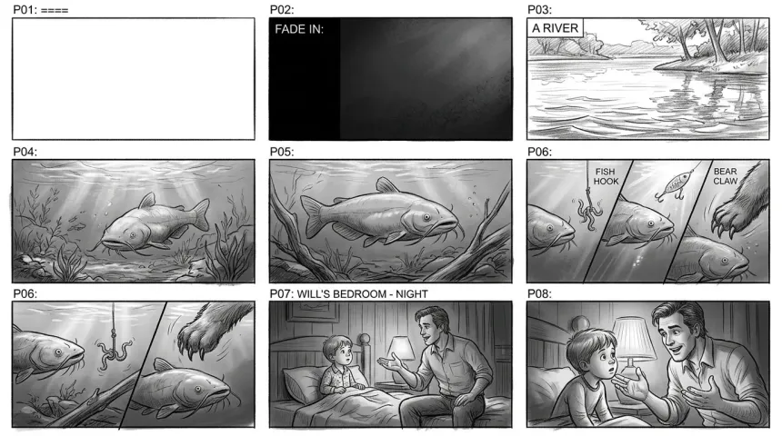 Black and white storyboard panels moving from a river and fish sequence into a bedtime scene