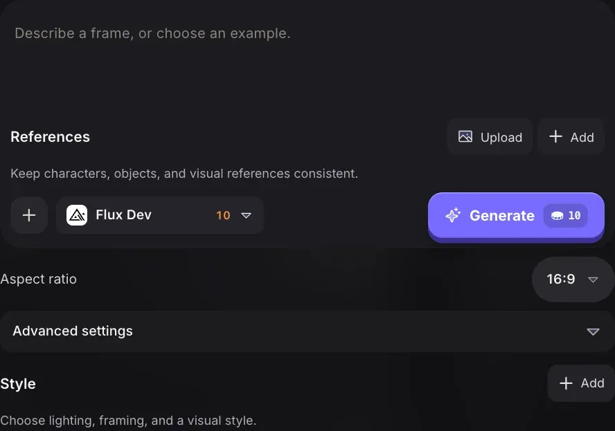 Melies prompt composer with references and generation controls