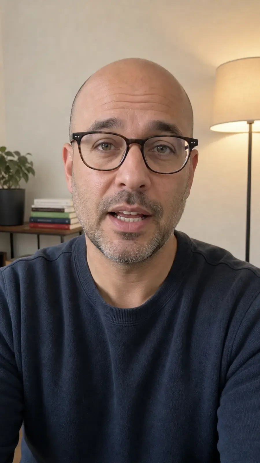 Distinctive AI avatar reference with bald head and glasses