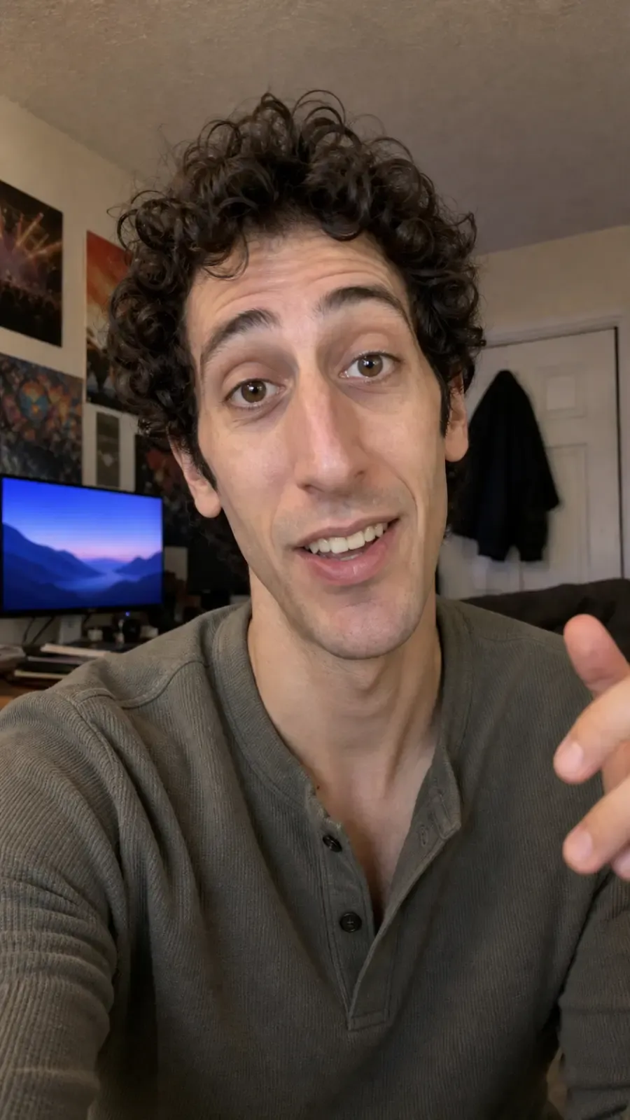 Distinctive AI avatar reference with curly hair and long face