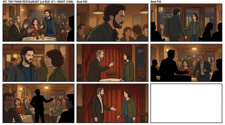 Eight illustrated storyboard panels showing the visual beats of a restaurant scene