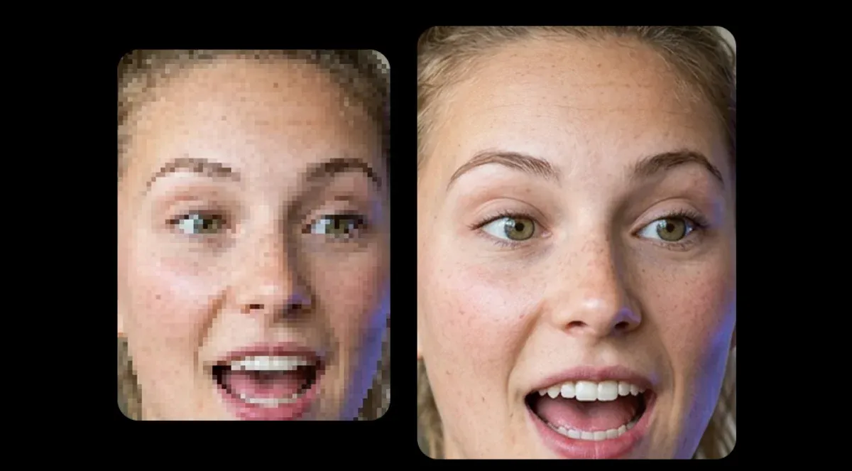 Before and after AI image upscaling comparison showing detail recovery at 4x resolution
