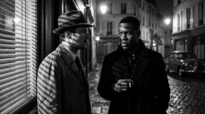AI generated film noir scene of two men on a rainy Paris street at night