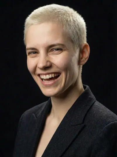 AI generated photorealistic portrait of a laughing person