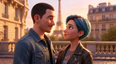 AI generated Pixar-style 3D couple in Paris with Eiffel Tower