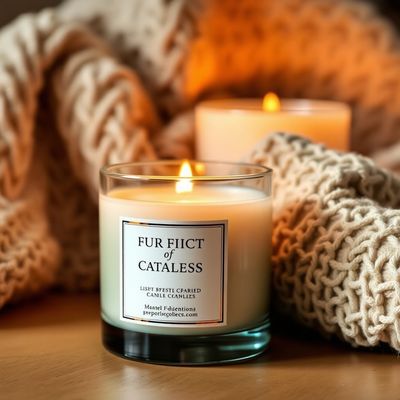 AI product photo of a scented candle in a warm cozy home setting