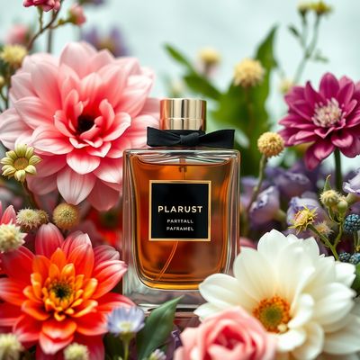 AI product photo of a perfume bottle surrounded by fresh botanicals and flowers