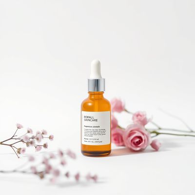 AI product photo of skincare bottles on a marble surface with soft studio lighting