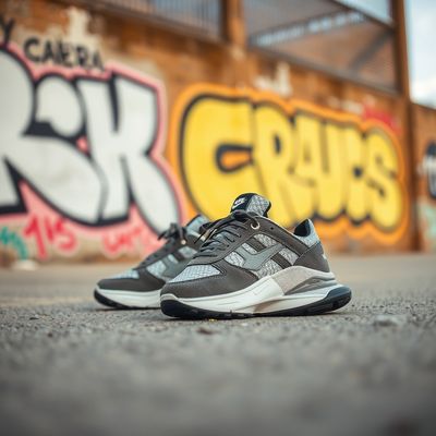AI product photo of sneakers on concrete with natural outdoor light