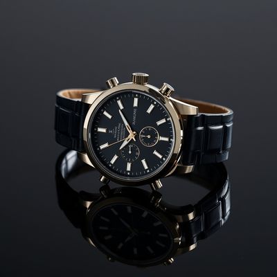 AI product photo of a luxury watch on dark velvet with dramatic lighting