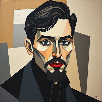 Portrait deconstructed into geometric cubist shapes and fragmented perspectives