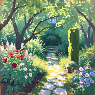 Garden photo restyled in impressionist style with visible dabs of color