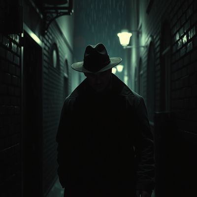 Same detective character in dark alley maintaining face consistency