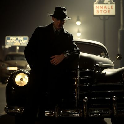 Consistent detective character sitting in vintage car