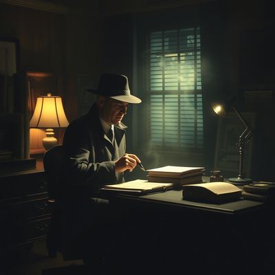 AI-generated detective character in office scene with consistent face