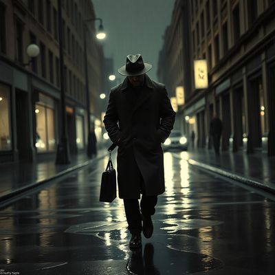 Same detective face in rainy street scene
